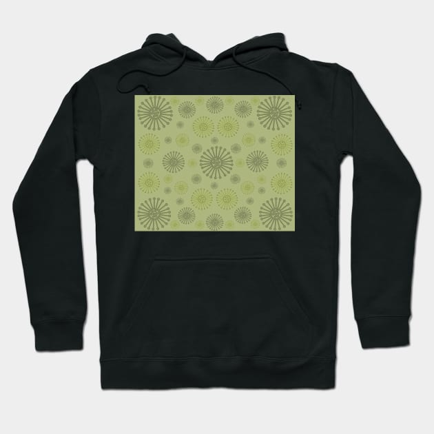 Gently on the Green. A tranquil design featuring wagon wheels in soft olive and mossy green tones. Hoodie by innerspectrum